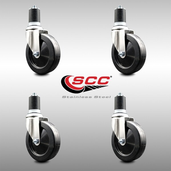 5 Inch 316SS Hard Rubber Wheel Swivel 1-3/4 Inch Expanding Stem Caster Set SCC